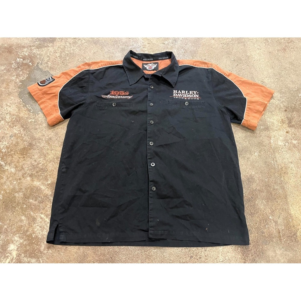 VTG Harley Davidson Shirt Mens Black Orange Embroidered Logo 105th Anniversary